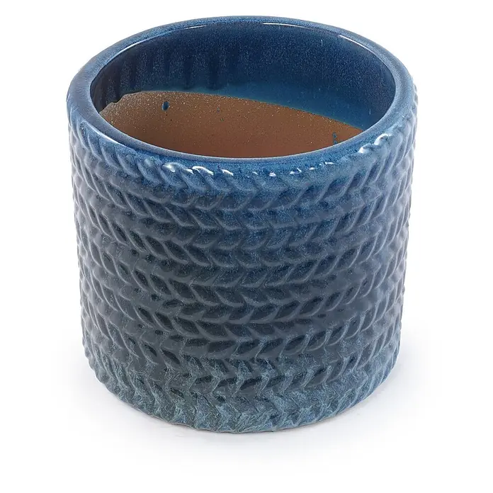 SONNENH Pflanztopf - 1 Stk., Keramik, Blau - Runder blauer Keramikübertopf mit gewebtem Muster und unglasierter brauner Innenseite.
