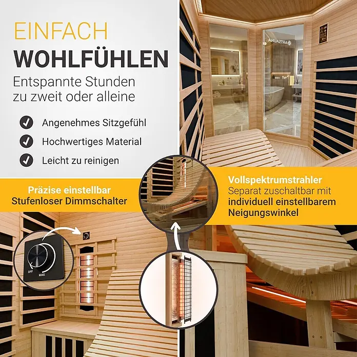 Infrarotkabine / Wärmekabine Esbjerg mit Dual-Heizsystem & Hemlockholz -  - Infrarotsauna aus Holz mit bequemer Sitzgelegenheit, präzisem Dimmschalter und verstellbaren Vollspektrumstrahlern.