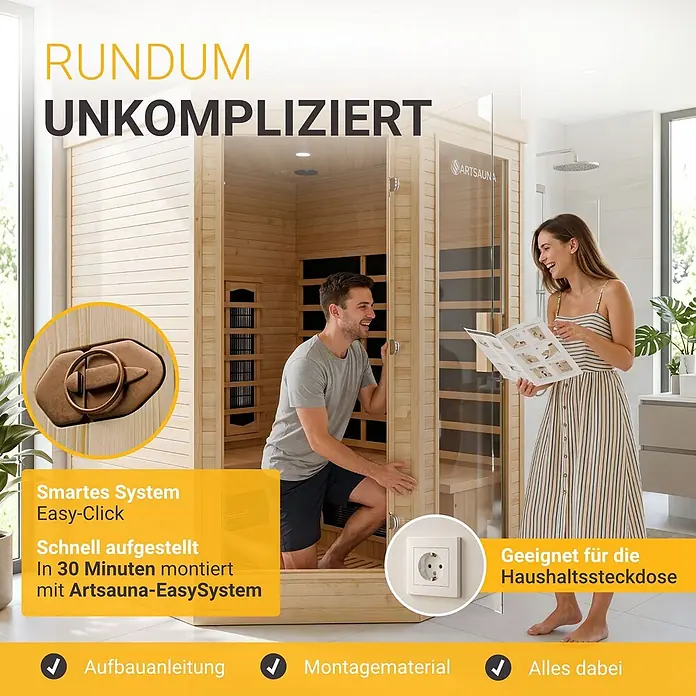Infrarotkabine / Wärmekabine Esbjerg mit Dual-Heizsystem & Hemlockholz -  - Hölzerne Artsauna Infrarotsauna, von einem Mann einfach montiert, eine Frau beobachtet. Betont leichte Einrichtung und Haushaltssteckdosen-Kompatibilität.