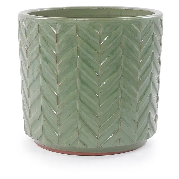 SONNENH Pflanztopf - 1 Stk., Keramik, Grün - Grüner glasierter Keramik-Pflanztopf mit strukturiertem Chevron-Muster.
