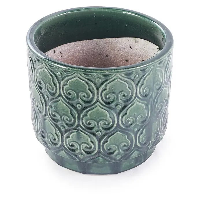 SONNENH Pflanztopf - 1 Stk., Keramik, Grün - Grüner Keramik-Blumentopf mit geprägtem Muster und glänzender Oberfläche.