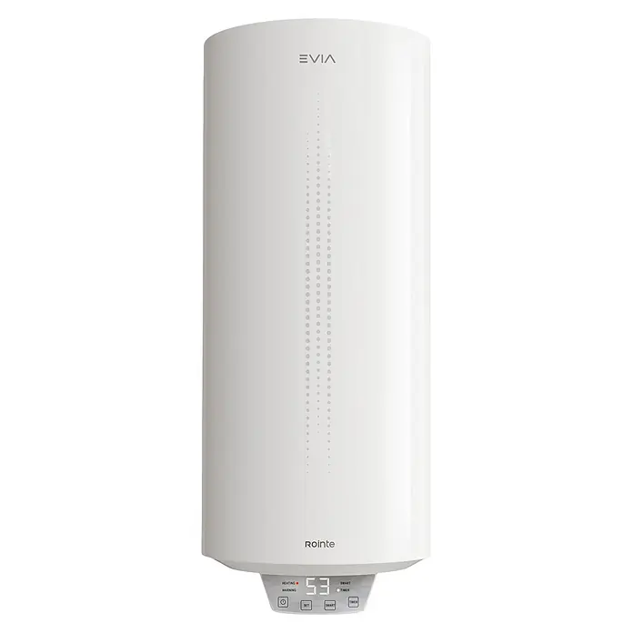 Rointe Termo eléctrico Evia - 100 l, 1.500 W - Calentador de agua eléctrico cilíndrico blanco con pantalla digital '53' y botones de control. Marcas EVIA y Rointe.