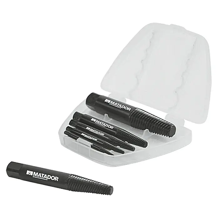 Matador Schraubenausdreher-Satz - 6 -tlg., M3 - M24 - Ein Set von Matador Schraubenausdrehern in einem transparenten Kunststoffkoffer, ideal für Handwerker und Heimwerker, um beschädigte Schrauben zu entfernen.