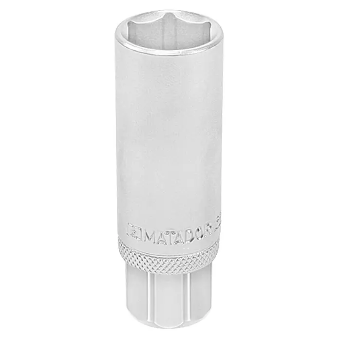Matador Zündkerzeneinsatz - ½″, Schlüsselweite: 16 mm - Ein silberner Steckschlüssel mit sechseckiger Öffnung, ein nützliches Werkzeug für Reparaturen.
