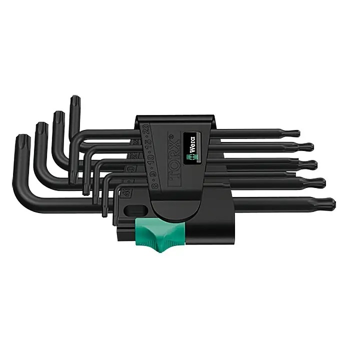 Wera Stiftschlüsselsatz 967 PKL - 9 -tlg. - Ein Set von schwarzen Wera Torx Schlüsseln in verschiedenen Größen in einer Halterung mit einem grünen Griff zur einfachen Bedienung.