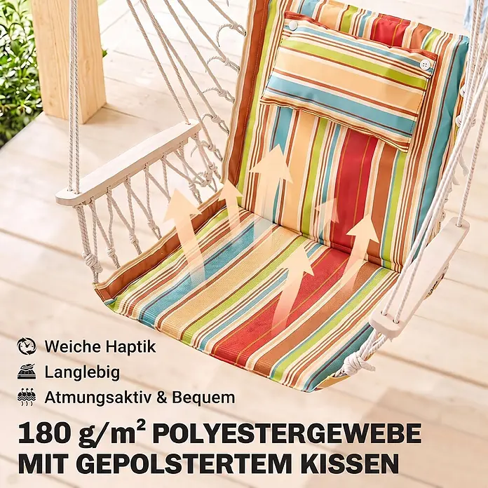Furnicato Hängesessel mehrfarbig mit Kissen -  - Gestreifter Hängesessel mit gepolstertem Polyesterkissen auf einer Holzterrasse. Weich, langlebig und atmungsaktiv.