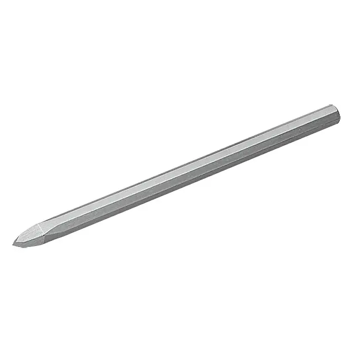 Wisent Spitzmeißel - 40 cm, 8-Kant - Ein silberner Meißel mit einer scharfen Spitze liegt diagonal auf einem weißen Hintergrund. Das Werkzeug ist sechseckig und scheint aus Metall zu sein.