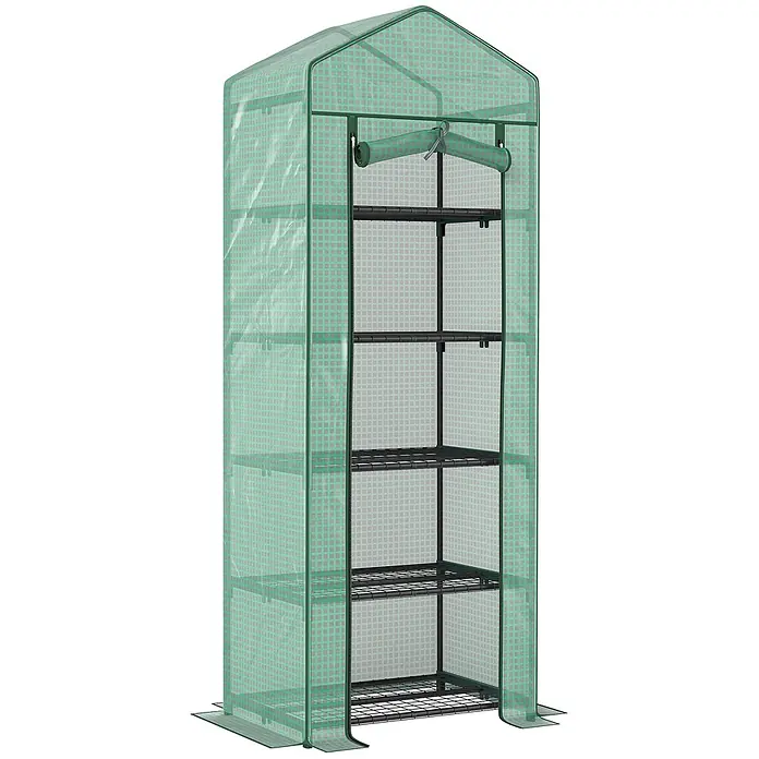 Furnicato Gewächshaus - 49 x 69 cm, Material Seitenwand: Kunststoff, 14 mm, grün - Hohes grünes tragbares Gewächshaus mit mehreren Regalböden und einer Rolltür.