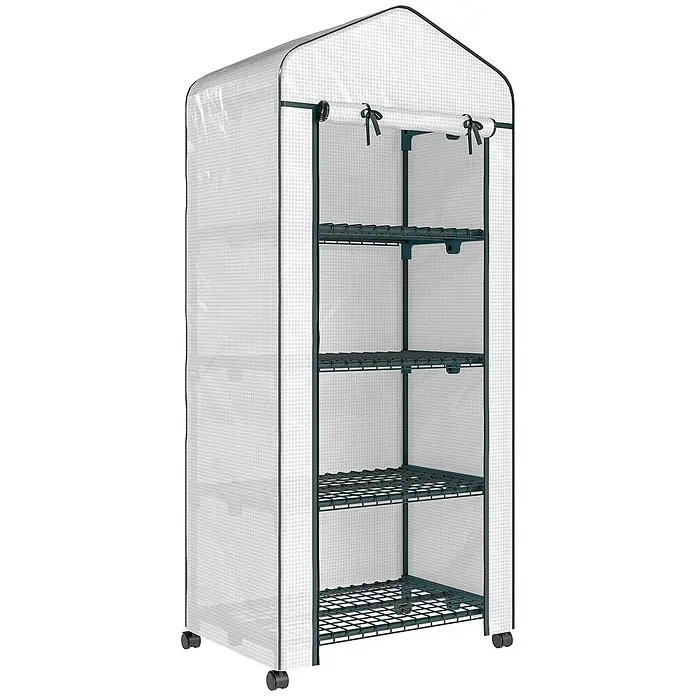 Furnicato Gewächshaus - 50 x 69 cm, Material Seitenwand: Stahl, 14 mm, weiß - Tragbares Mini-Gewächshaus mit klarer Gitterfolie, dunkelgrünem Gestell, mehreren Ablagen und Rollen.