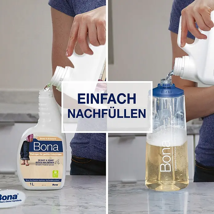 Bona Bodenreiniger Reiniger für geölte Böden - 2,5 l, Kanister - Bona Reiniger Nachfüllvorgang: Eine Person füllt eine Bona Sprühflasche aus einem großen Nachfüllbehälter.