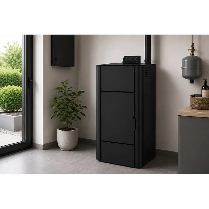 Caldera de pellets Compact 24 Eko - 24,26 kW - Estufa de pellets negra con panel de control digital y tubo de chimenea, integrada en un interior moderno.