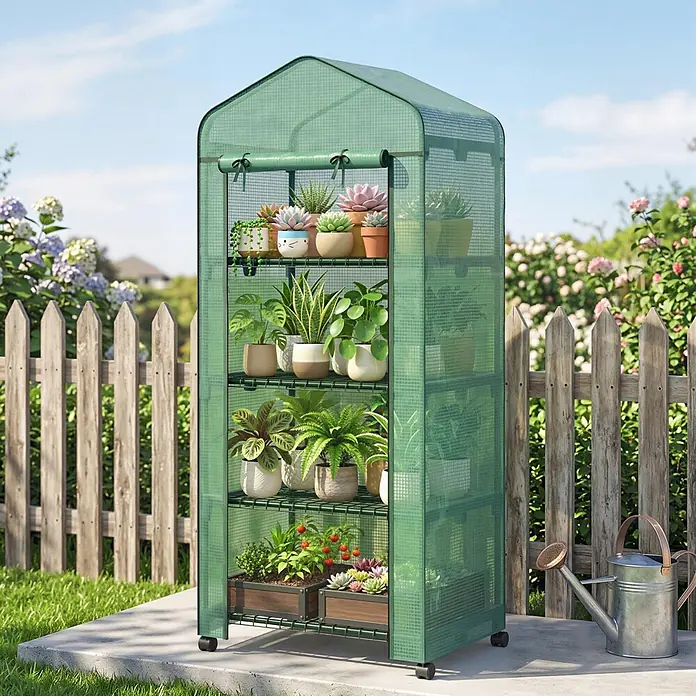 Furnicato Gewächshaus - 50 x 69 cm, Material Seitenwand: Stahl, 14 mm, Grün - Grünes mobiles Gewächshaus mit vier Regalen voller Topfpflanzen, auf einer Terrasse im Garten.