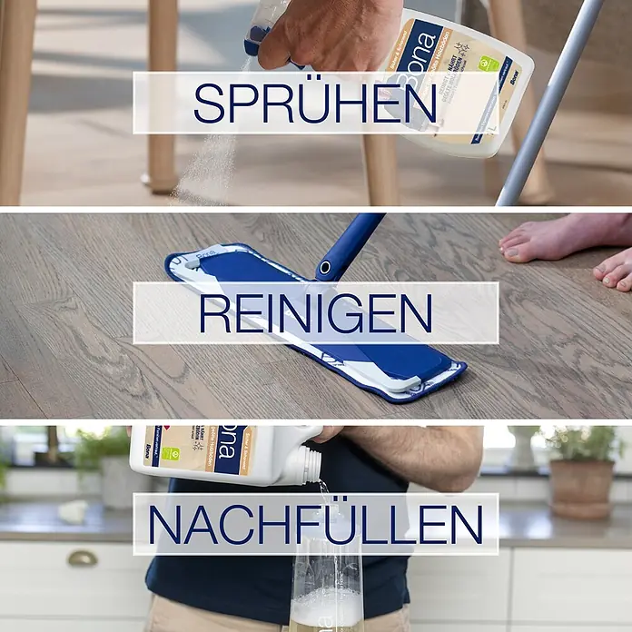Bona Bodenreiniger Reiniger für geölte Böden - 1 l, Flasche mit Sprühkopf - Drei Schritte zur Bodenreinigung: Reiniger sprühen, mit blauem Mopp wischen und Bona-Flasche nachfüllen.