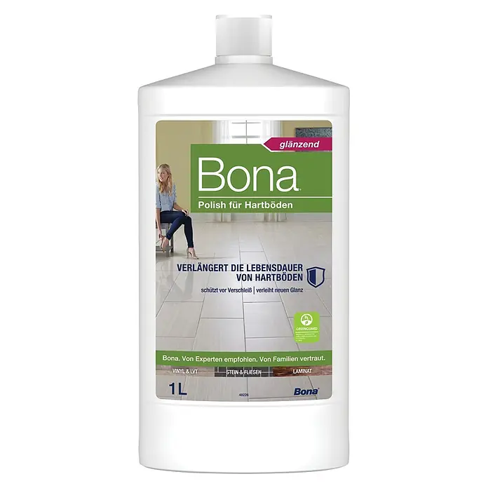 Bona Pflegemittel Stein, Fliesen & Laminat Polish - 1 l - Weiße 1L Bona Flasche mit glänzender Politur für Hartböden.