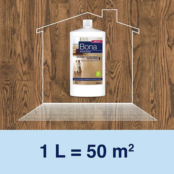 Bona Pflegemittel Parkett Polish - 1 l, Glänzend, Parkett - Weiße Bona Parkett Polish Flasche auf Holzboden im Hausumriss, 1L reicht für 50m² Bodenpflege.