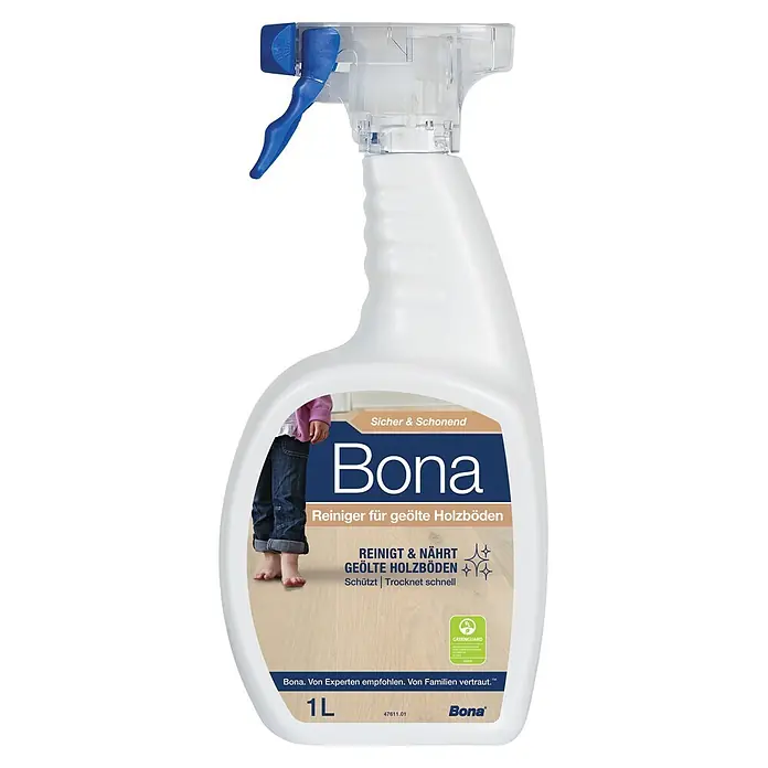 Bona Bodenreiniger Reiniger für geölte Böden - 1 l, Flasche mit Sprühkopf - Weiße Bona Sprühflasche (1L) für geölte Holzböden, mit blauem Sprühkopf und Etikett mit Kinderfüßen.