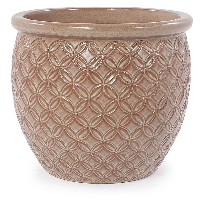 SONNENH Pflanztopf - 3 Stk., Keramik, Beige - Glasierter Keramik-Pflanztopf in Hellbraun mit geprägtem geometrischem Kreismuster.