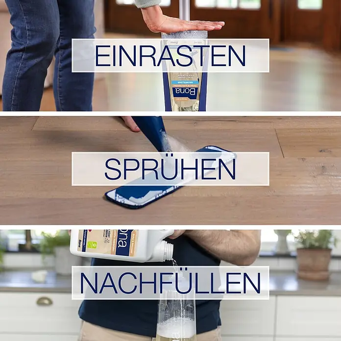 Bona Bodenreiniger Reiniger für geölte Böden - 850 ml, Kartusche - Bona Bodenreinigungssystem in Gebrauch: Kartusche einrasten, Boden mit Wischmopp sprühen und Reiniger nachfüllen.