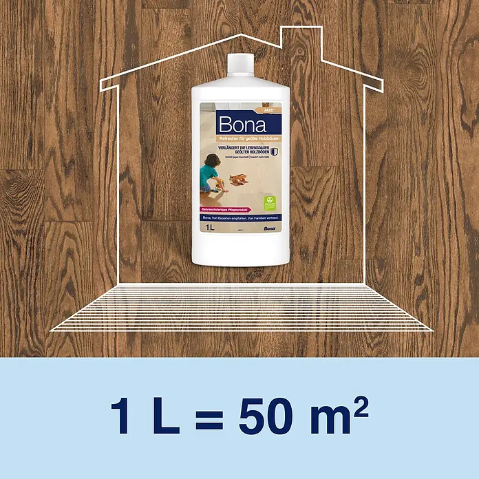 Bona Öl-Refresher für geölte Holzböden - 1 l, Geeignet für: Geöltes Parkett - Weiße Bona Fußbodenpflegeflasche auf Holzboden, zeigt 1 Liter deckt 50 m² ab.
