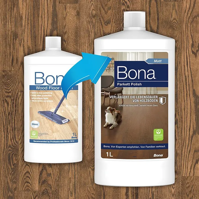 Bona Pflegemittel Parkett Polish - 1 l, Matt, Parkett - Zwei weiße 1L Bona Parkettpflegemittel-Flaschen (Glanz & Matt) für Holzböden, auf einem Holzboden präsentiert.