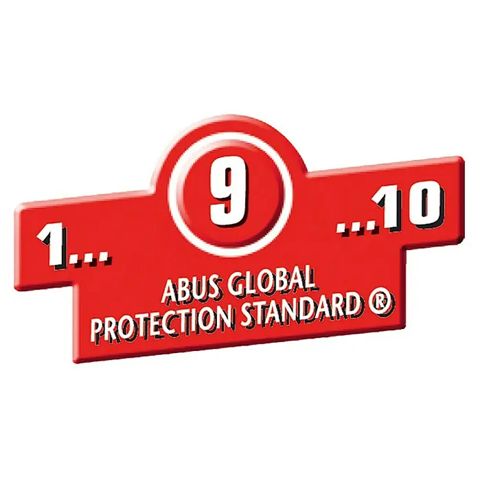 Abus Fenster-Zusatzschloss FTS 88 - Weiß, Universell einsetzbar - ABUS Global Protection Standard Aufkleber, der die Sicherheitsstufen 1-10 anzeigt. Ein rotes Logo mit weißer Schrift.