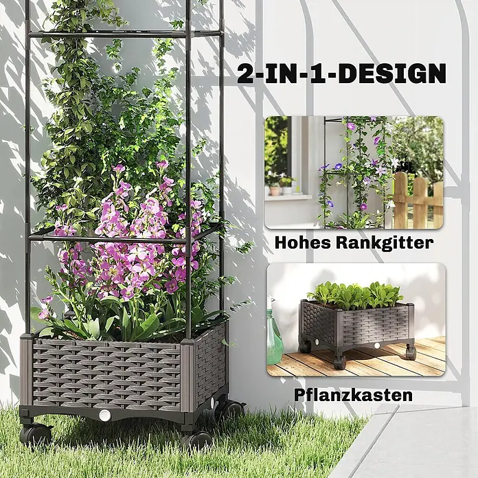 Furnicato Hochbeet - 185 x 40 x 185 cm, Verbundwerkstoff, Schwarz - Grauer Rattan-Blumenkasten mit schwarzem Rankgitter, 2-in-1-Design für Kletterpflanzen und allgemeines Pflanzen, mit Blumen und Grünpflanzen.
