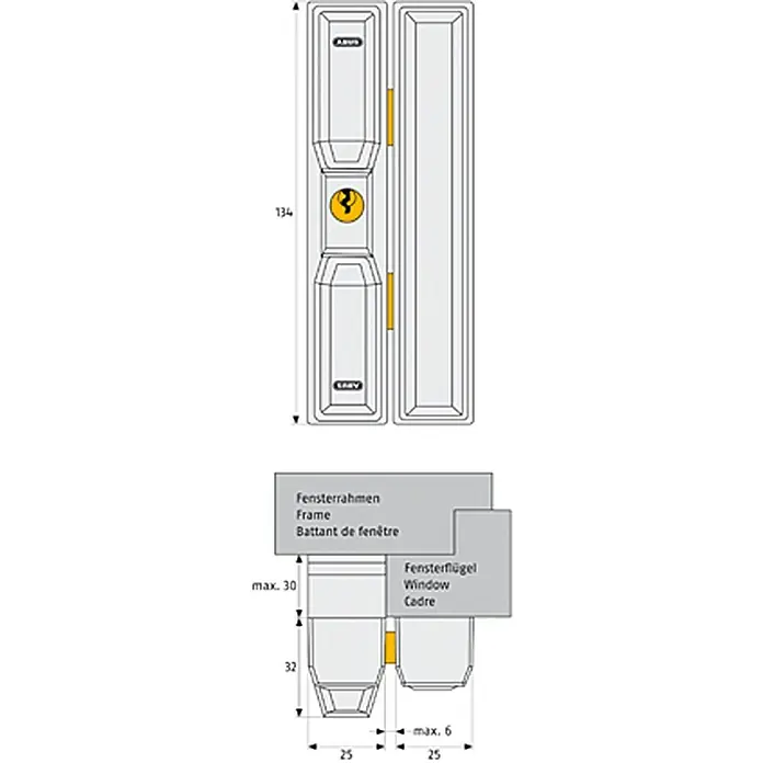 Abus Fenster-Zusatzschloss FTS 88 - Weiß, Universell einsetzbar - Schematische Darstellung eines Fensterrahmens mit Maßangaben, inklusive Details zu Fensterflügel und Rahmenkonstruktion.