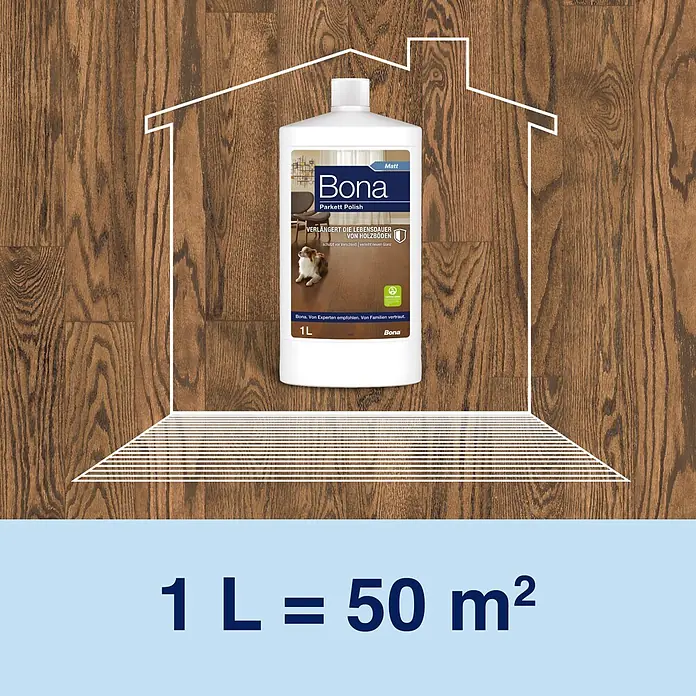 Bona Pflegemittel Parkett Polish - 1 l, Matt, Parkett - Eine weiße Flasche Bona Parkett Polish auf einem Holzfußboden innerhalb einer Hausumrisse, mit Text der anzeigt, dass 1 L 50 m² abdeckt.