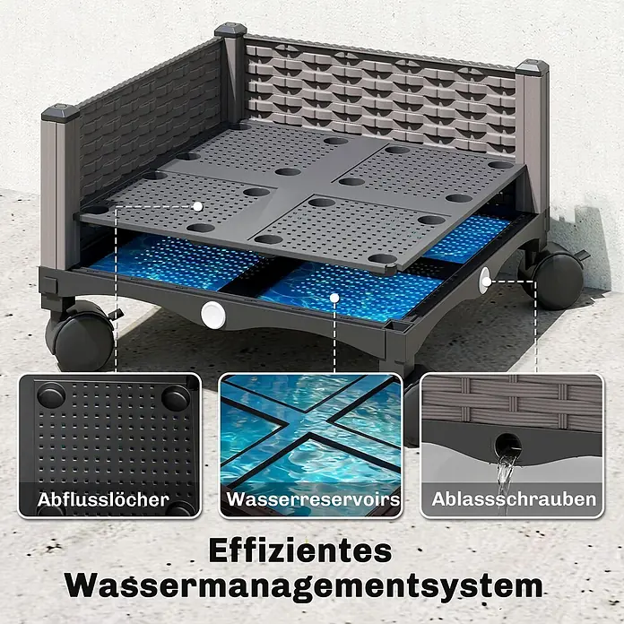 Furnicato Hochbeet - 185 x 40 x 185 cm, Verbundwerkstoff, Schwarz - Dunkelgraues Hochbeet aus Kunststoff mit perforierten Ablageflächen, Wasserreservoirs und Ablassschrauben für effizientes Wassermanagement.