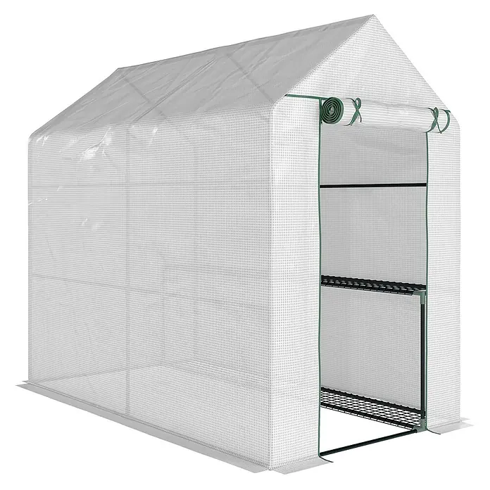 Furnicato Gewächshaus - 120 x 190 cm, Material Seitenwand: Stahl, 14 mm, weiß - Begehbares Gewächshaus mit transparenter, karierter Abdeckung und grünem Rahmen, inklusive zwei Drahtablagen.