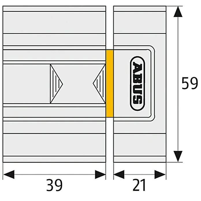Abus Schieberiegel SR 30 - Innentür, Weiß - Abbildung eines ABUS-Schlosses mit den Maßen 39 x 21 x 59 mm, dargestellt in einer technischen Zeichnung.