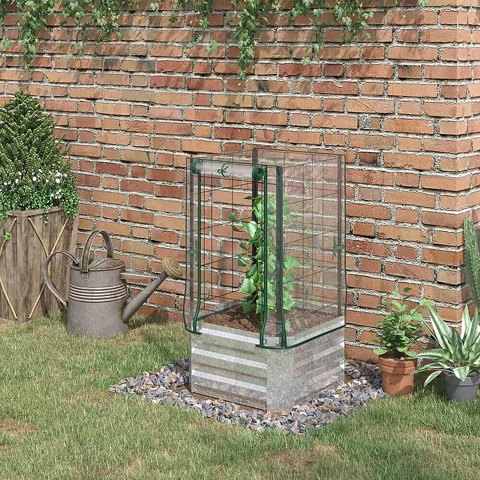 Furnicato Hochbeet-Set mit Gewächshaus und Rankgitter, Silber-Grün -  - Erhöhtes Gartenbeet aus verzinktem Stahl mit transparenter Gewächshausabdeckung schützt eine Pflanze im Garten.