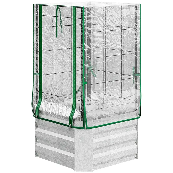 Furnicato Hochbeet-Set mit Gewächshaus und Rankgitter, Silber-Grün -  - Verzinktes Hochbeet mit transparenter PVC-Mini-Gewächshausabdeckung und grünen Reißverschlüssen, zum Pflanzenschutz.