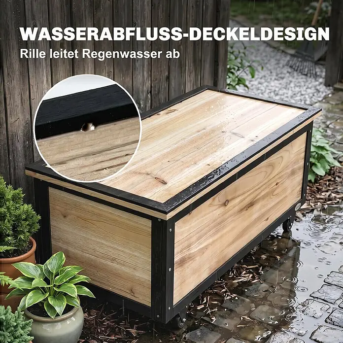 Furnicato Garten-Aufbewahrungsbox - Naturholz, Holz - Garten-Aufbewahrungsbox aus Holz mit schwarzem Metallrahmen und Entwässerungsrille für Regenwasser, auf Rollen.