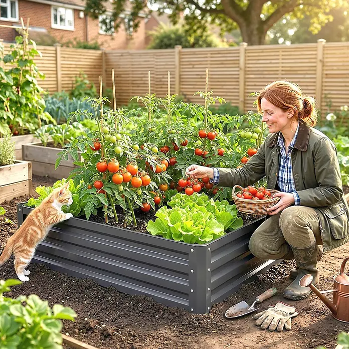 Furnicato Hochbeet - 120 x 120 x 30 cm, Stahl, Hellgrau - Dunkelgraues Hochbeet aus Metall in einem Garten, gefüllt mit Tomaten und Salat. Eine Frau erntet, eine Katze schaut zu.