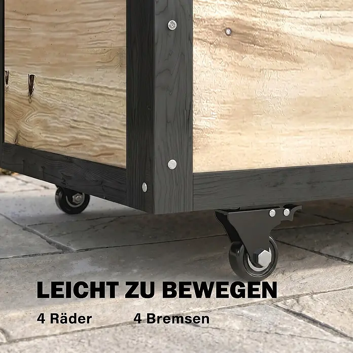Furnicato Garten-Aufbewahrungsbox - Naturholz, Holz - Holzkiste für den Außenbereich mit hellen Paneelen und dunklem Rahmen, ausgestattet mit schwarzen Rollen. Mit 4 Rädern und 4 Bremsen leicht beweglich.