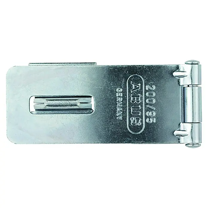 Abus Überfalle 200 - Maße Überfalle: 75 x 29 mm, Durchmesser Öse: 9 mm, Stahl - Metall-Überfalle ABUS 200/95, ideal zur Sicherung von Türen, Toren und Truhen. Robust und zuverlässig für erhöhten Schutz.