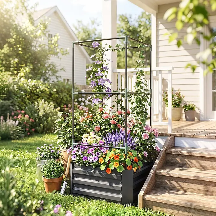 Furnicato Hochbeet mit Tomatenrankgitter aus Stahl, Dunkelgrau -  - Dunkelgraues Metallhochbeet mit integriertem Rankgitter, gefüllt mit bunten Blumen und Kletterpflanzen, auf einer sonnigen Terrasse.