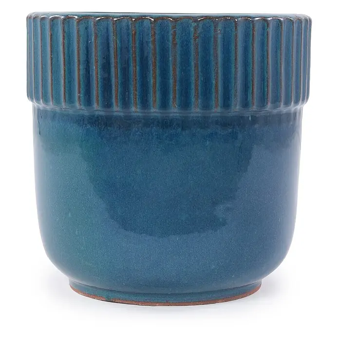 SONNENH Pflanztopf - 1 Stk., Keramik, Blau - Blauer Keramik-Pflanztopf mit geripptem Rand und natürlichem Terrakotta-Boden.