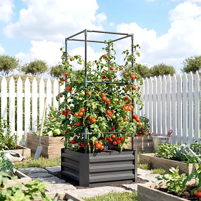Furnicato Hochbeet mit Tomatenrankgitter aus Stahl, Dunkelgrau -  - Dunkelgraues Metall-Hochbeet mit quadratischem Spalier für eine Tomatenpflanze voller roter und grüner Tomaten im Garten.