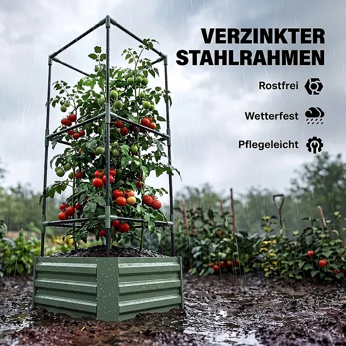 Furnicato Hochbeet mit Tomatenrankgitter aus Stahl, Grün -  - Grünes verzinktes Stahl-Hochbeet mit Tomatenkäfig, der eine Tomatenpflanze im Regen stützt. Rostfrei und wetterfest.