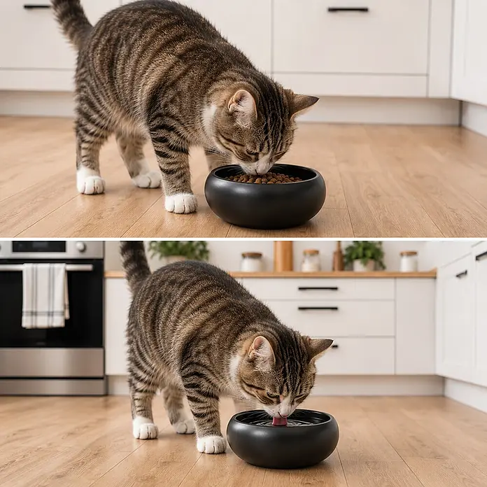 belviona Wassernapf - 17 x 17 x 6 cm, Edelstahl, Fassungsvermögen: 800 ml - Zwei schwarze Futternäpfe, einer mit Futter, einer mit Wasser, von einer Katze in der Küche genutzt.