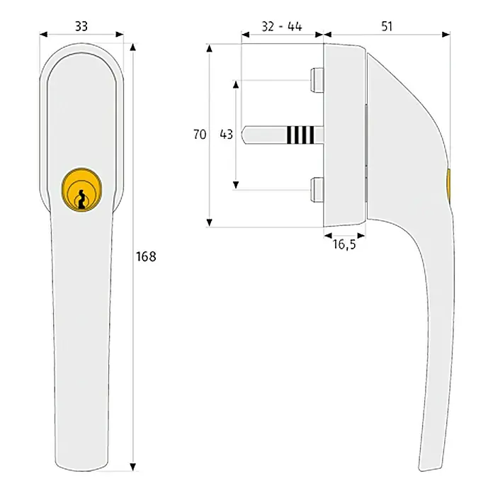 Abus Fenstergriff FG 300 - Universell einsetzbar, Silber, Abschließbar - Abbildung eines Fenstergriffs mit Schloss und Maßangaben für Design und Installation.