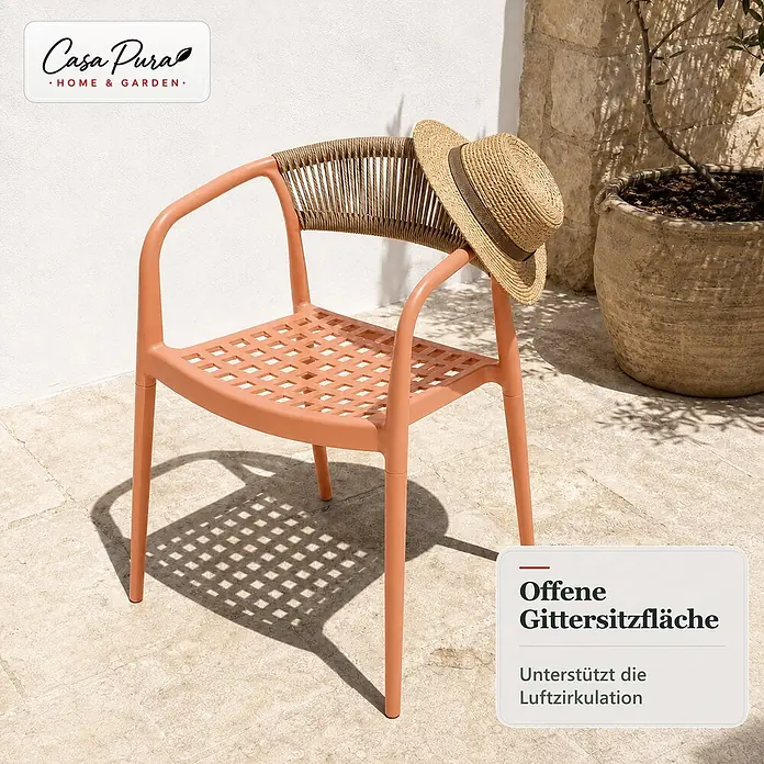 Floordirekt Gartenstuhl-Set Solaro 6er-Set - 6 Stk., Polypropylen (PP) und handgeflochtenes Seil, Orange, B x T x H: 54 x 58 x 70 cm - Coral-farbener Gartenstuhl mit geflochtener Rückenlehne und offener Gittersitzfläche zur Luftzirkulation.