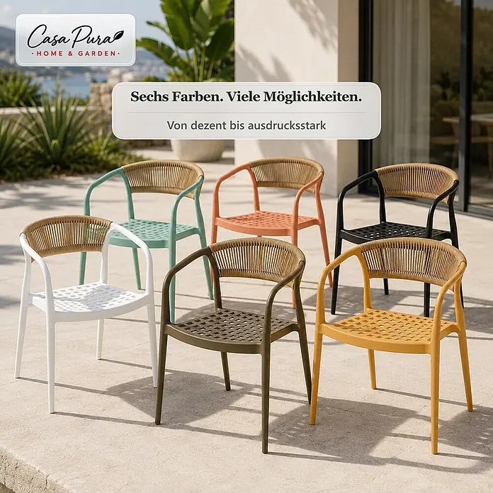Floordirekt Gartenstuhl-Set Solaro 6er-Set - 6 Stk., Polypropylen (PP) und handgeflochtenes Seil, Grün, B x T x H: 54 x 58 x 70 cm - Sechs farbige Outdoor-Stühle mit geflochtenen Rückenlehnen und perforierten Sitzen auf einer Terrasse.