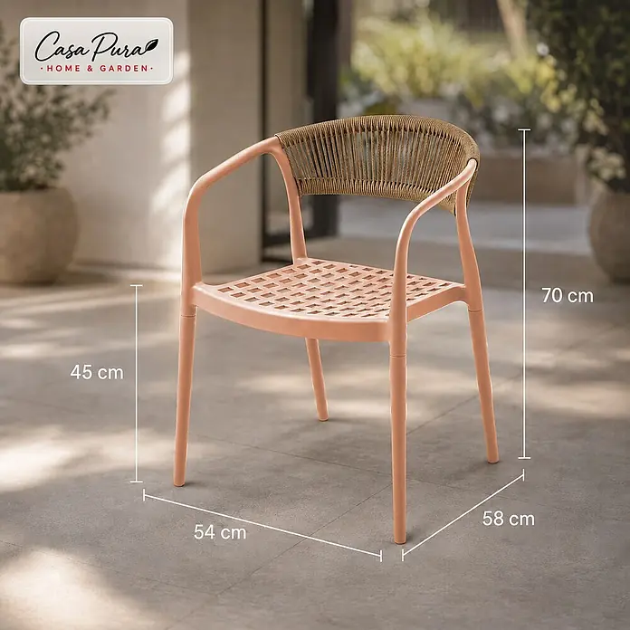 Floordirekt Gartenstuhl-Set Solaro 6er-Set - 6 Stk., Polypropylen (PP) und handgeflochtenes Seil, Orange, B x T x H: 54 x 58 x 70 cm - Pfirsichfarbener Kunststoff-Gartenstuhl mit geflochtener Rückenlehne, Maße: 45cm Sitzhöhe, 70cm Höhe, 54cm Breite, 58cm Tiefe, auf einer Terrasse.