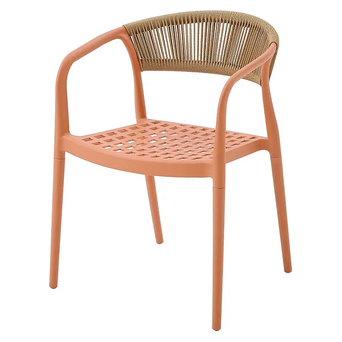 Floordirekt Gartenstuhl-Set Solaro 6er-Set - 6 Stk., Polypropylen (PP) und handgeflochtenes Seil, Orange, B x T x H: 54 x 58 x 70 cm - Terrakottafarbener Plastik-Sessel mit perforierter Sitzfläche und geflochtener Rückenlehne aus beigem Seil.