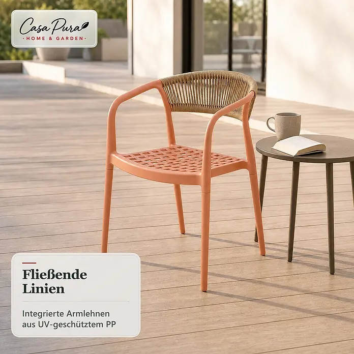 Floordirekt Gartenstuhl-Set Solaro 6er-Set - 6 Stk., Polypropylen (PP) und handgeflochtenes Seil, Orange, B x T x H: 54 x 58 x 70 cm - Terracotta-Gartensessel mit geflochtener Rückenlehne und integrierten Armlehnen aus UV-geschütztem PP auf einer Holzterrasse.