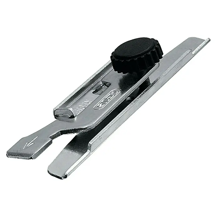 Abus Rollladensicherung RS 97 - Länge: 148 mm, 2 Stk. - Nahaufnahme eines verstellbaren Streifen- und Lochschneiders mit schwarzem Knopf und silbernem Metallgehäuse.