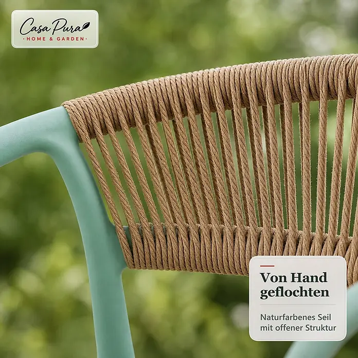 Floordirekt Gartenstuhl-Set Solaro 6er-Set - 6 Stk., Polypropylen (PP) und handgeflochtenes Seil, Grün, B x T x H: 54 x 58 x 70 cm - Detail einer Gartenmöbel: mintgrünes Gestell mit handgeflochtenem naturfarbenem Seil und offener Struktur.